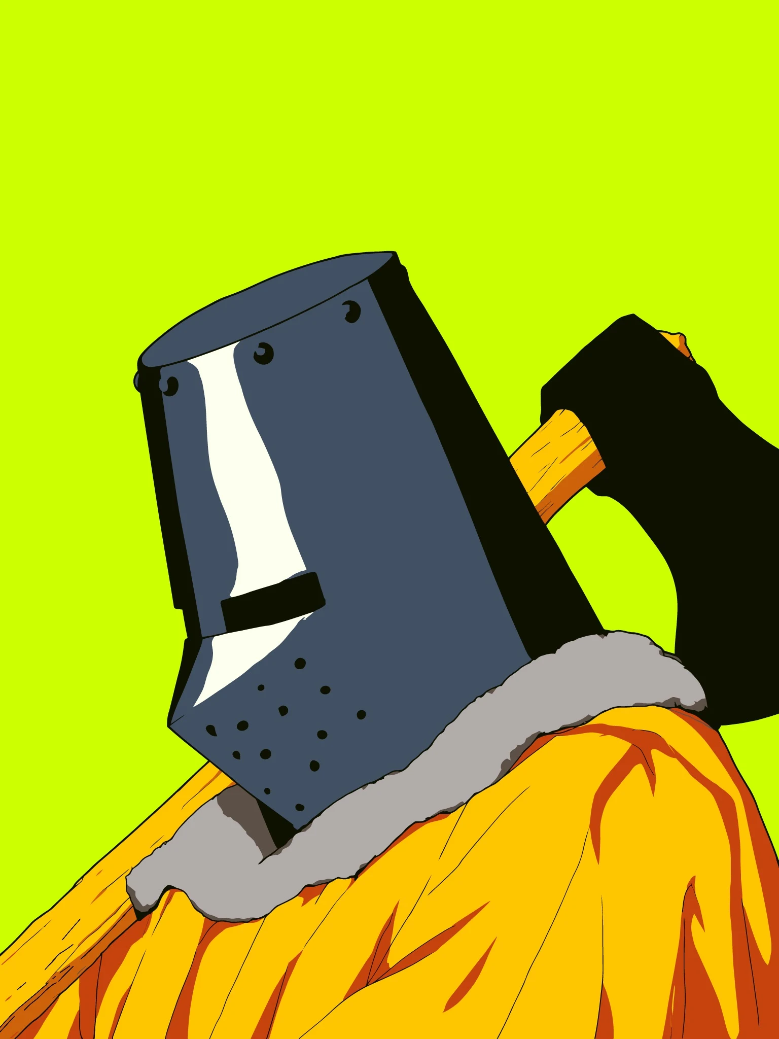 A masked medieval figure in an orange fur-collared coat carrying an axe
