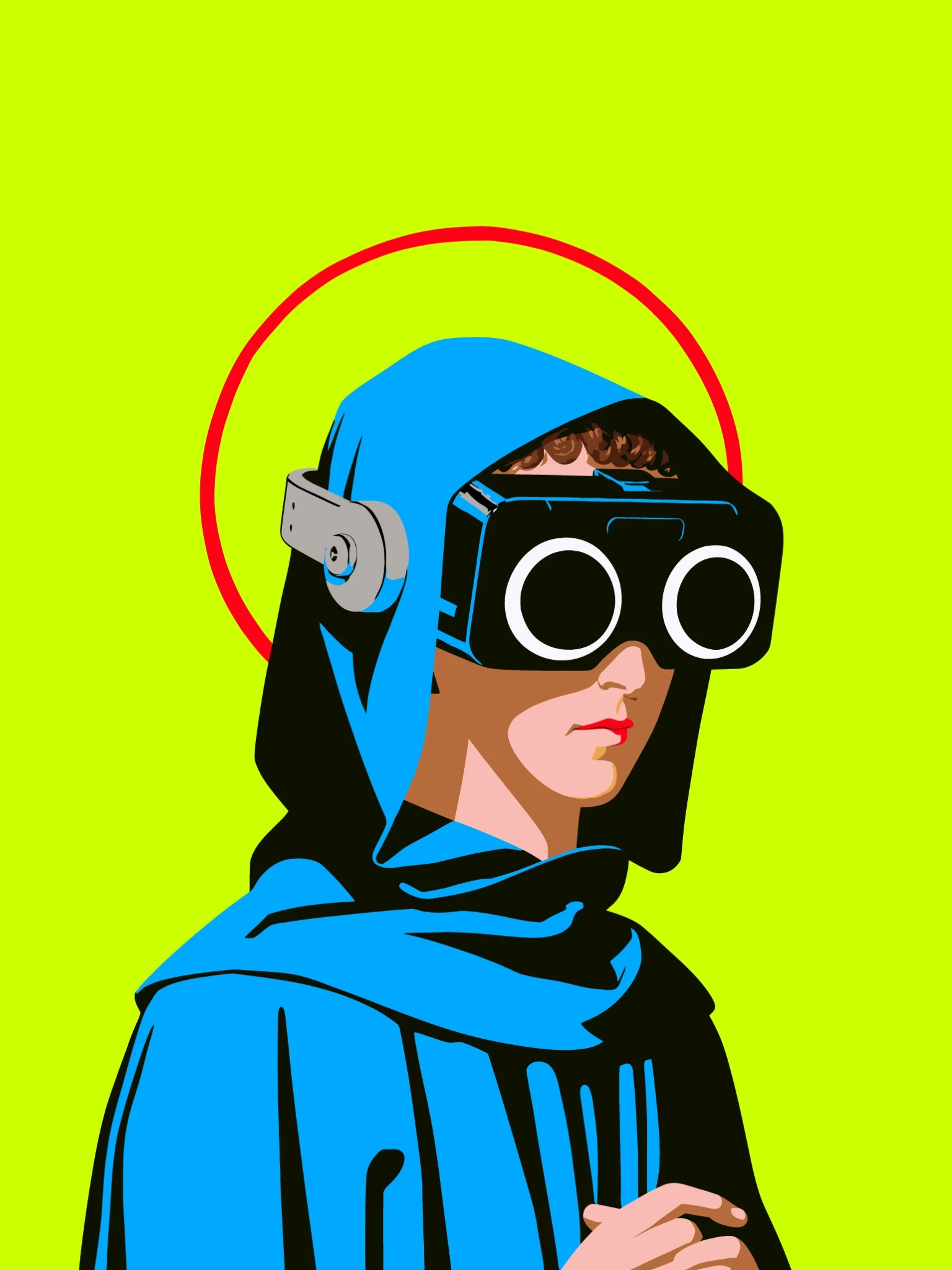 A blue-hooded figure wearing oversized circular black goggles