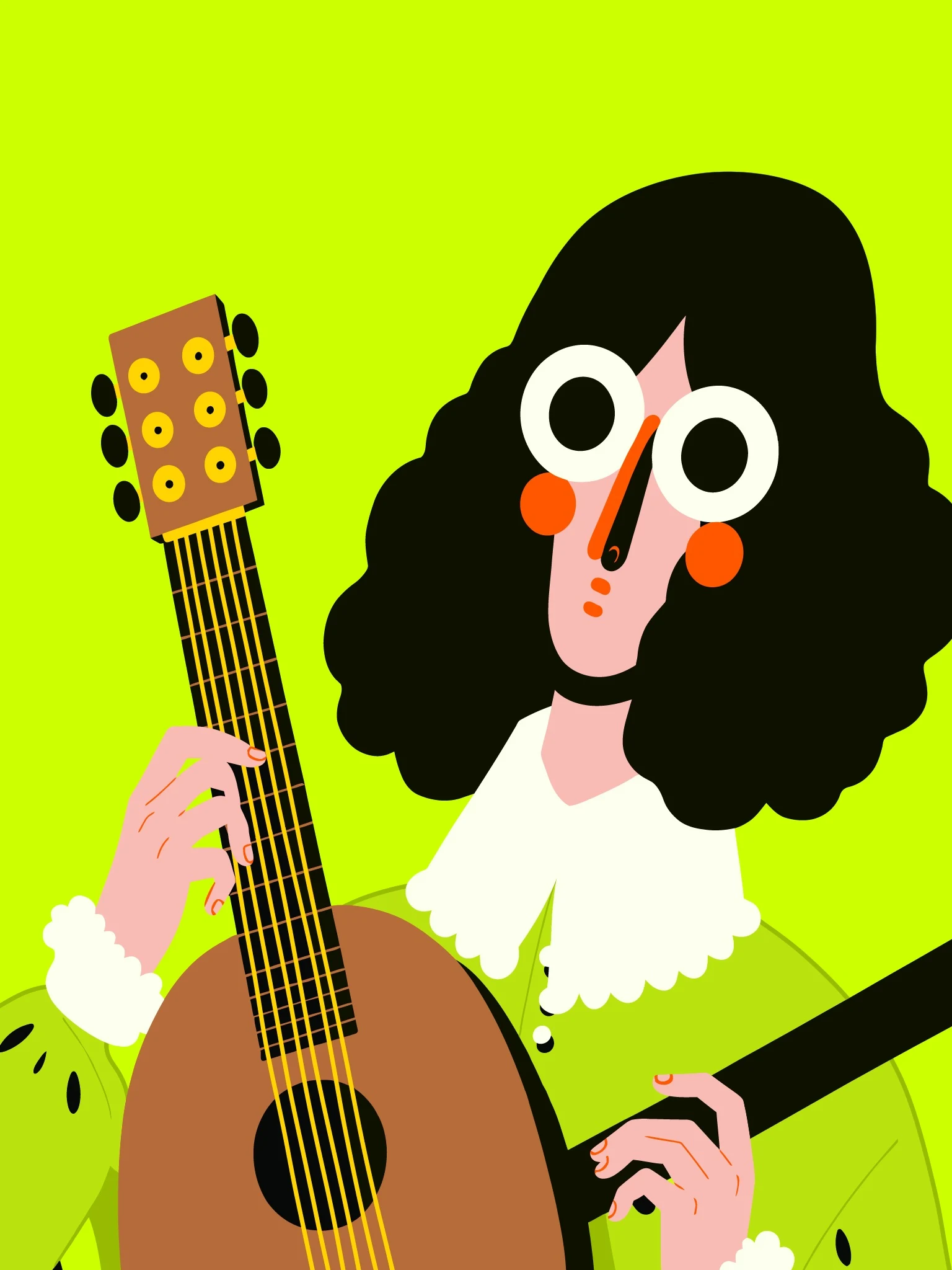 A wide-eyed black-haired musician holding a lute against an acid green sky